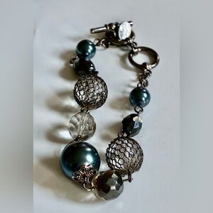 🦪 Cookie Lee Faux Gray Pearls Healing Hematite Mesh Faceted Beaded Bracelet